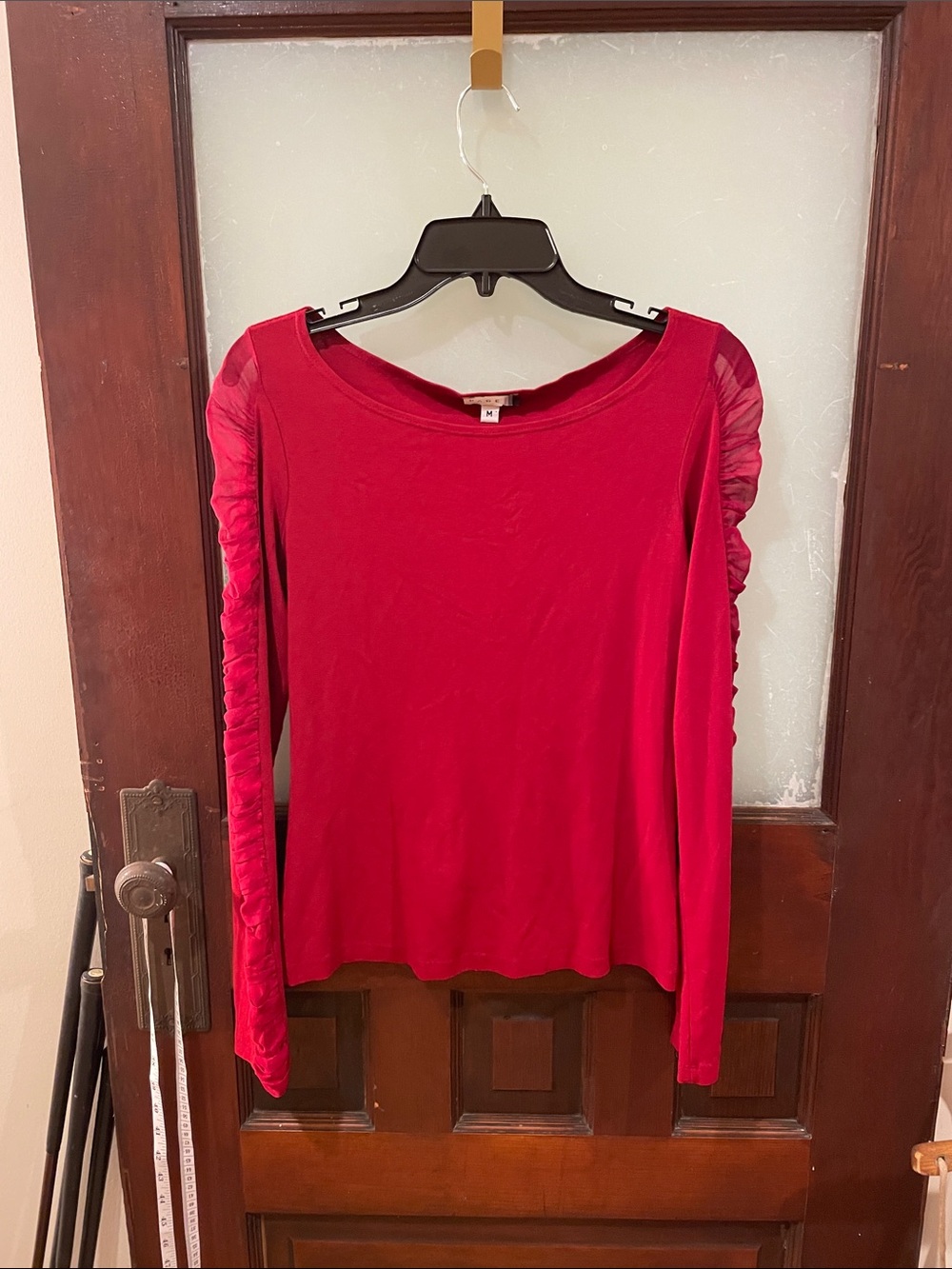 Page Red Long-Sleeve Top with Ruched Sleeve Detail